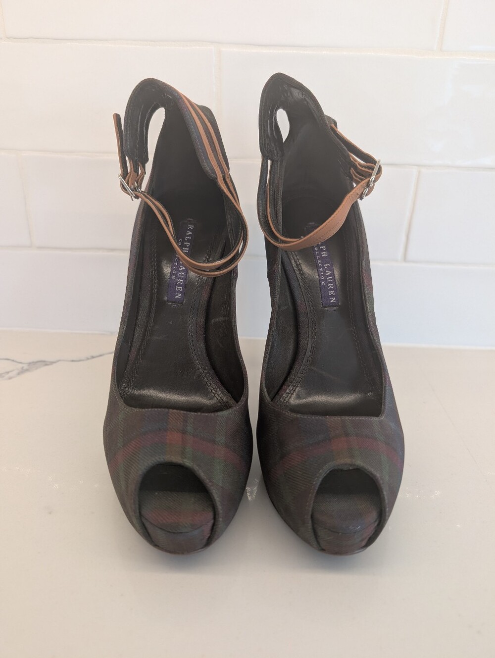 Ralph Lauren Collection Plaid Peep-Toe Ankle-Strap Heels with Tan Leather Straps